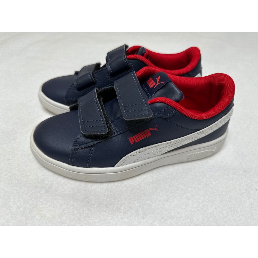 Puma Smash v2 Kids Sneakers Size 11C Navy Blue Red Hook Loop Straps Good